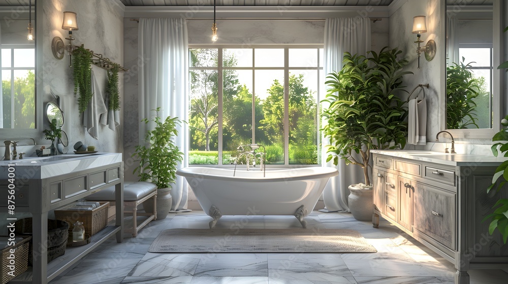 Fototapeta premium Luxurious Modernist Bathroom Sanctuary with Verdant Garden View