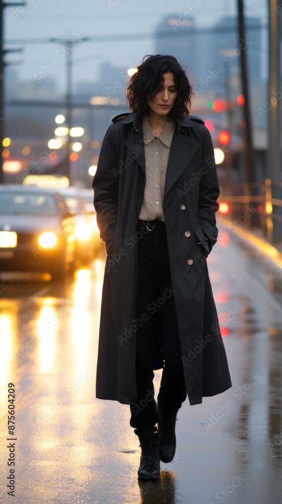 Fototapeta premium a woman in a trench coat standing on a wet street