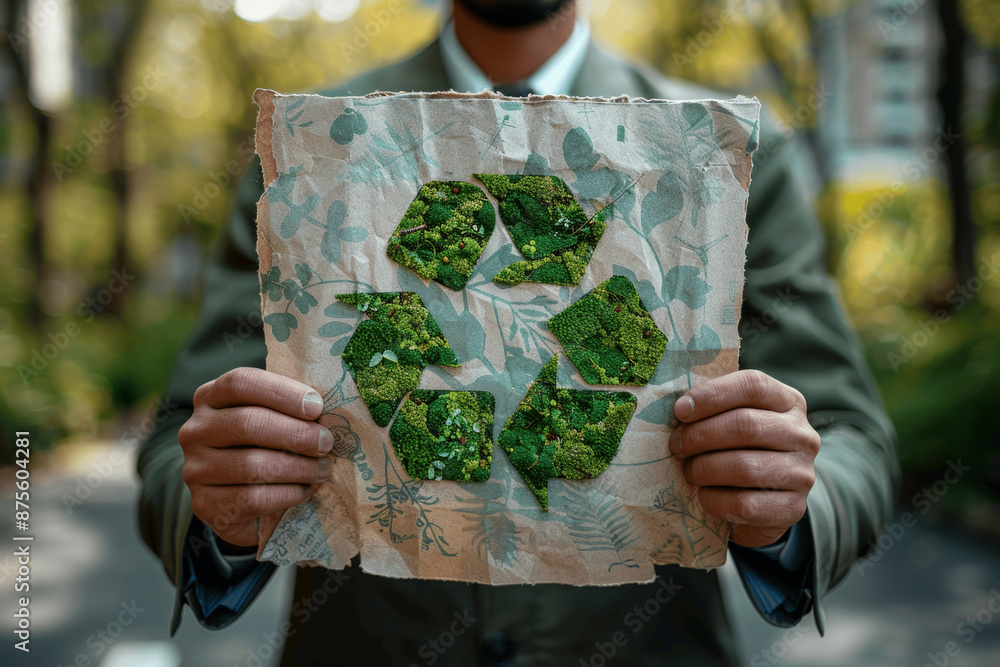 Businessman holding sign on nature background promoting recycle reuse ...