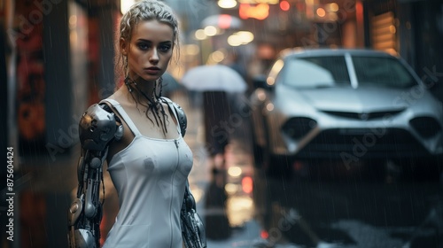 a woman in a white dress standing in the middle of a city street