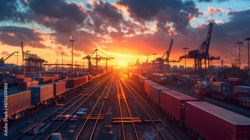 cargo containers and freight trains at port