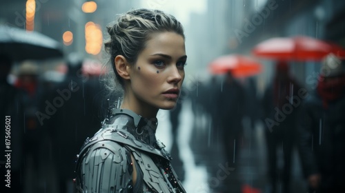 a woman in armor standing in the rain with red umbrellas