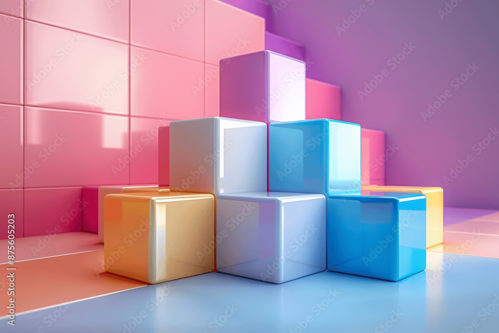 Abstract Pastel Geometric Cubes for Product Presentation in 3D Render on White Table Abstract Pastel Geometric Cubes for Product Presentation in 3D Render on White Table