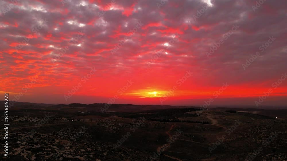 Aerial Forward Shot Of Orange Dramatic Clouds Over Tranquil Hills During Sunset - Eilat, Israel Aerial Forward Shot Of Orange Dramatic Clouds Over Tranquil Hills During Sunset - Eilat, Israel