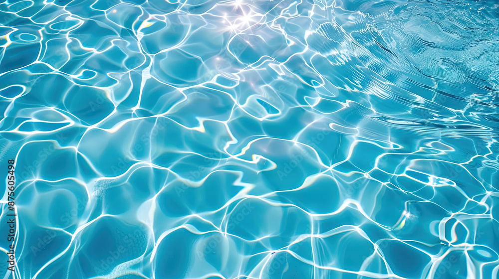 Water ripples on blue tiled swimming pool background. Blue turquoise pool water. Ripples lit up by the sun. Tiles visible below. Top view Water ripples on blue tiled swimming pool background. Blue turquoise pool water. Ripples lit up by the sun. Tiles visible below. Top view