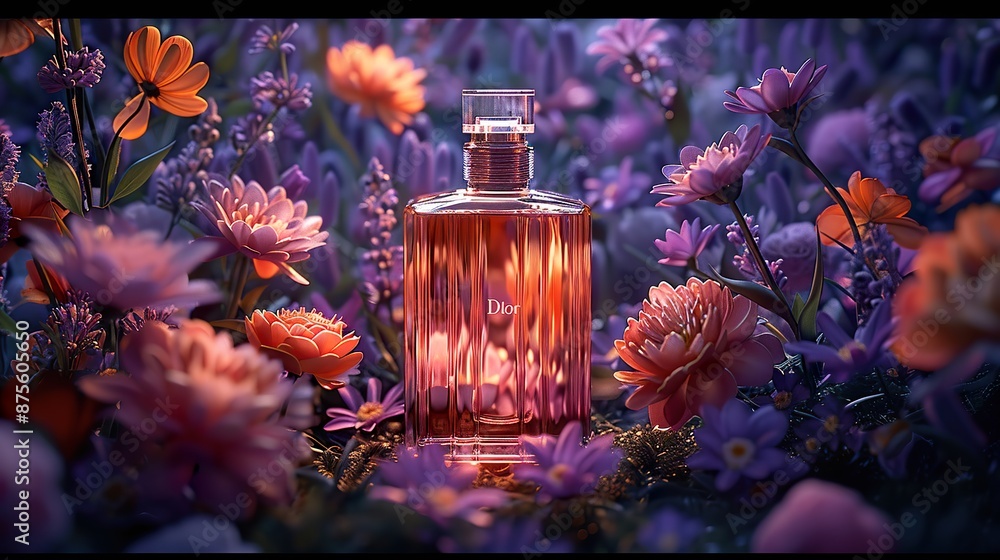 Luxurious Perfume Bottle Amidst Blooming Flowers. Luxurious Perfume Bottle Amidst Blooming Flowers.
