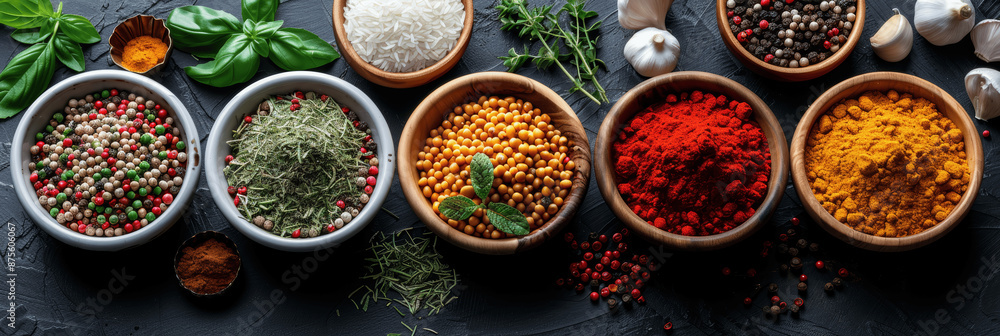Colorful Spices and Fresh Ingredients in Bowls on Dark Background Colorful Spices and Fresh Ingredients in Bowls on Dark Background