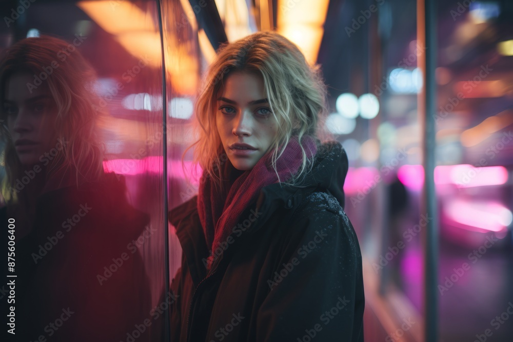 Obraz premium a woman standing in front of a glass wall at night