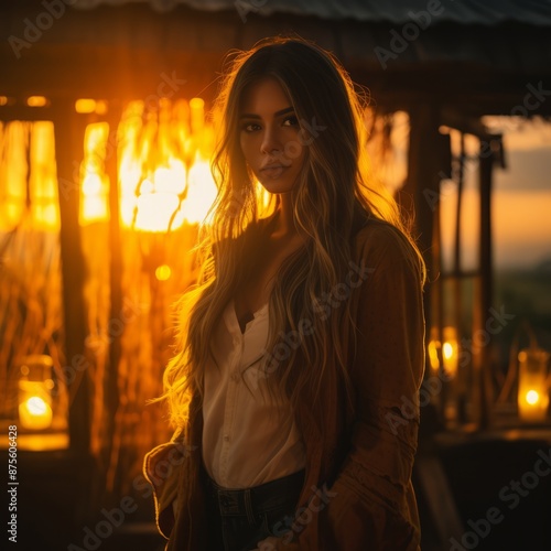 a woman standing in front of a hut at sunset