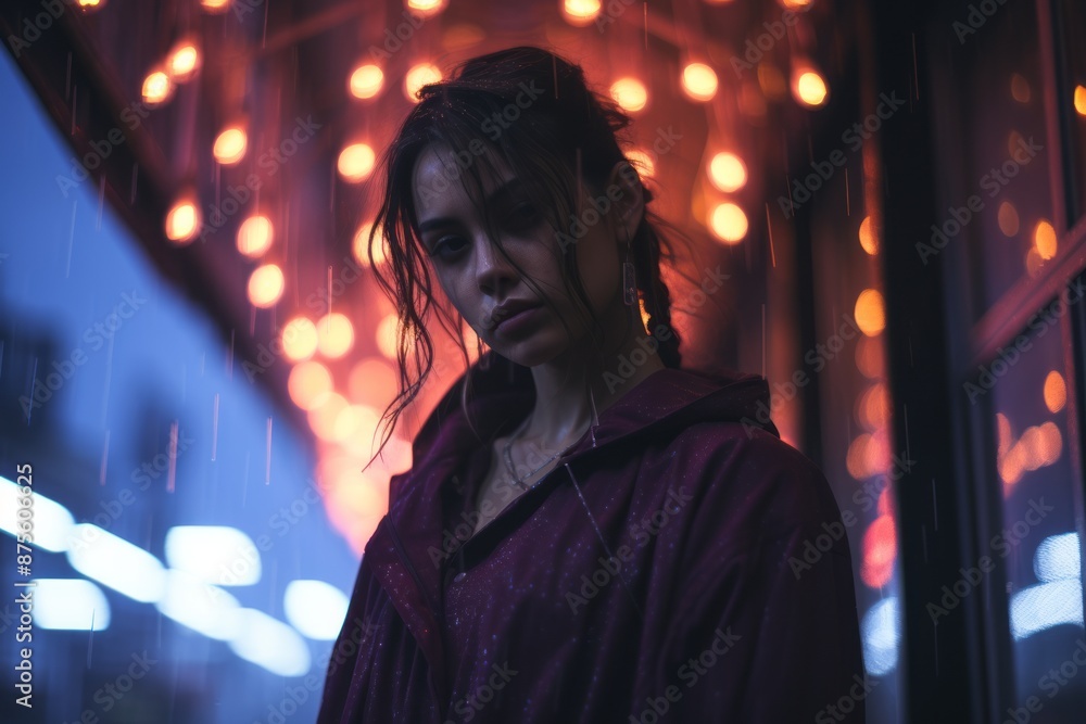 a woman standing in front of lights in the rain a woman standing in front of lights in the rain
