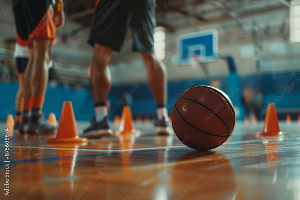 Basketball training equipment on wooden court with players and coach in practice game Basketball training equipment on wooden court with players and coach in practice game