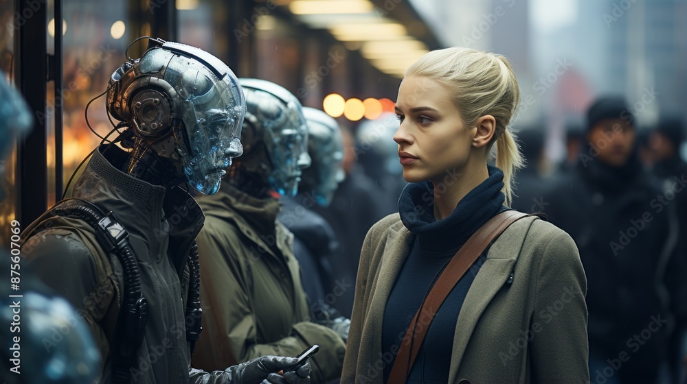 a woman standing next to a man wearing a robot suit a woman standing next to a man wearing a robot suit