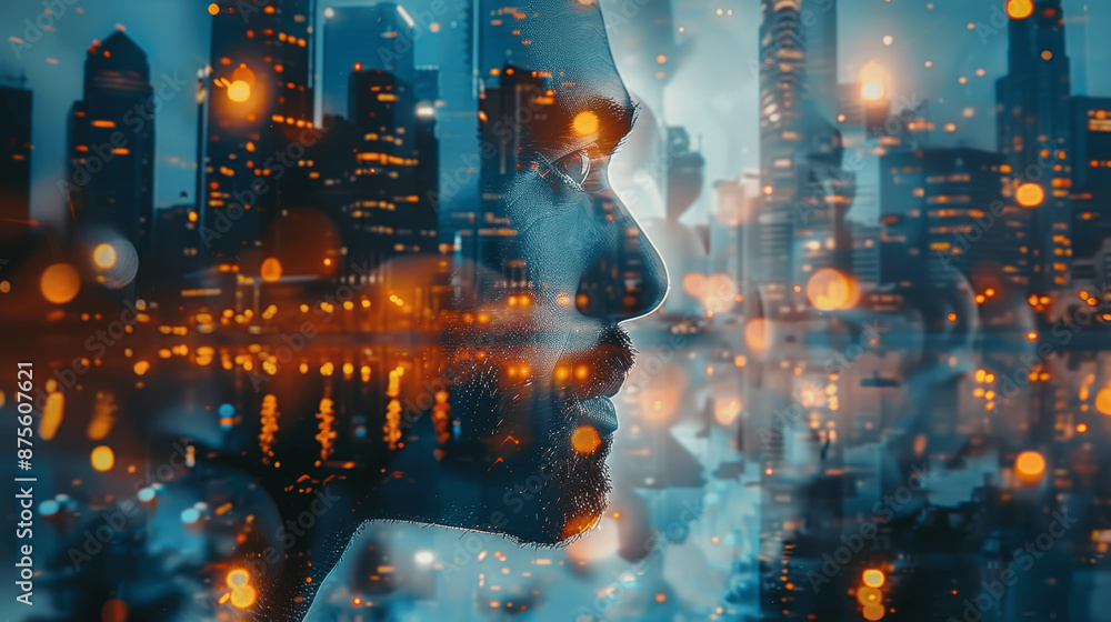 Fototapeta premium Futuristic businessman merging with night cityscape, embodying innovation, leadership, and modern enterprise in an urban environment