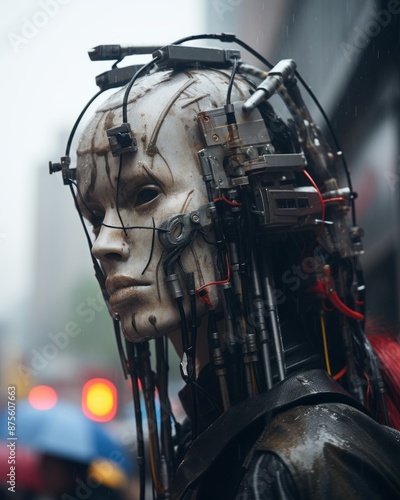 a woman wearing a headpiece with wires attached to it and an umbrella in the rain