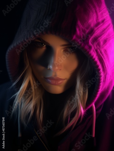 a woman wearing a hoodie in front of a purple light