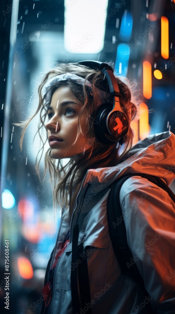 a woman wearing headphones in the rain a woman wearing headphones in the rain