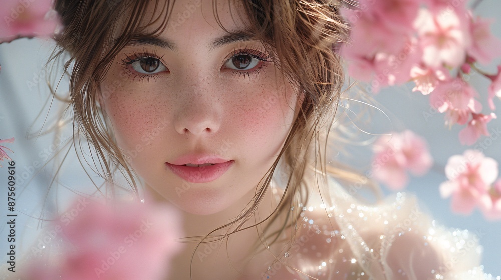 A close-up of an elegant Asian woman with a loose chignon in a tulle dress, framed by a halo of light pink Japanese cherry blossoms A close-up of an elegant Asian woman with a loose chignon in a tulle dress, framed by a halo of light pink Japanese cherry blossoms