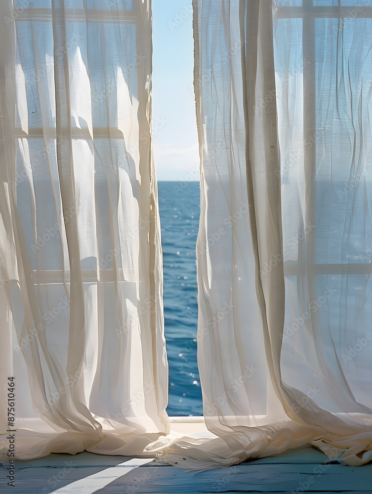 Enjoy a serene ocean view, with soft white curtains and the deep sea merging with the blue sky, creating a peaceful atmosphere for relaxation and escaping the daily routine Enjoy a serene ocean view, with soft white curtains and the deep sea merging with the blue sky, creating a peaceful atmosphere for relaxation and escaping the daily routine