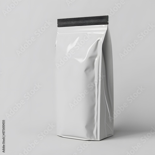 3D rendering of a blank white aluminum foil food or coffee bag packaging with a black zipper