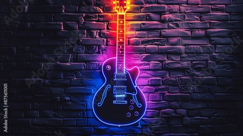 Guitar sign with glowing neon colorful lighting on black brick wall