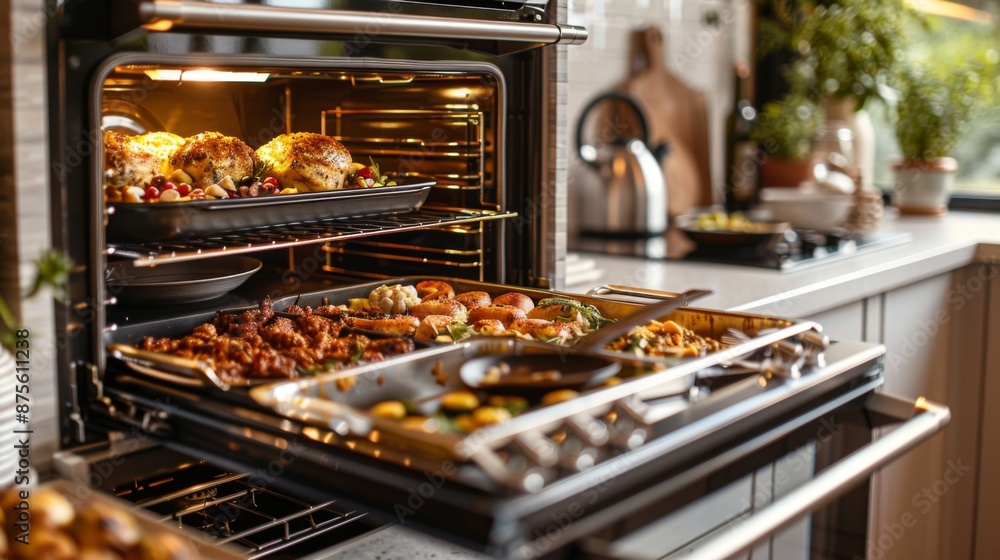 A double oven with multiple dishes cooking, perfect for holiday meal preparation and promoting kitchen appliances A double oven with multiple dishes cooking, perfect for holiday meal preparation and promoting kitchen appliances