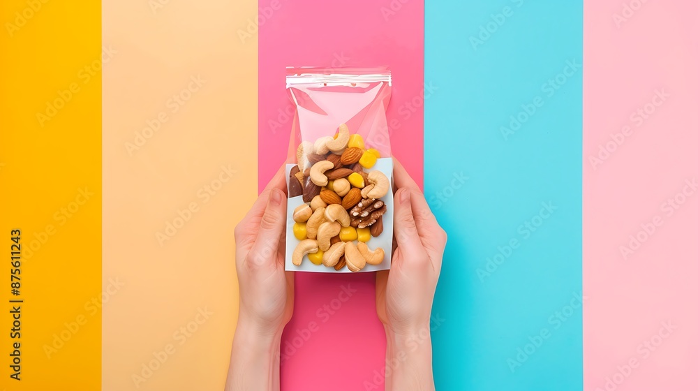 Obraz premium hand hold a packet of mixed nuts isolated on colorful background