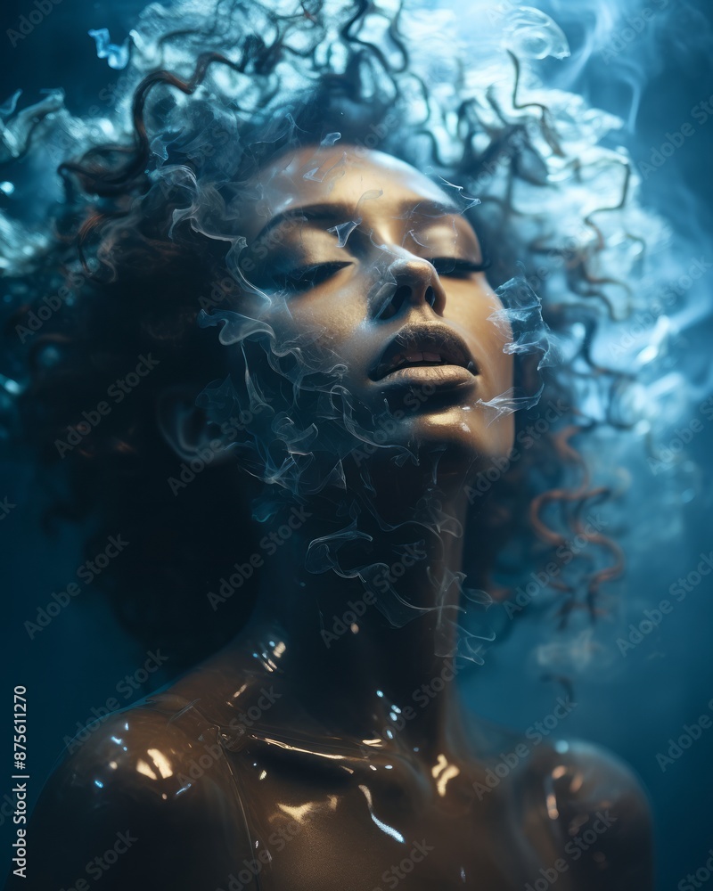 a woman with curly hair and smoke coming out of her mouth a woman with curly hair and smoke coming out of her mouth