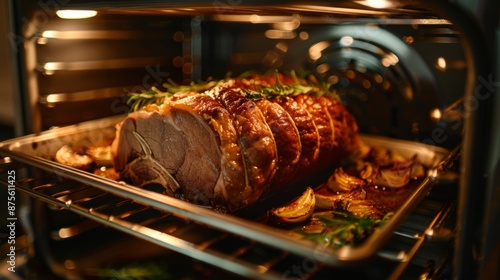 An elegant roast beef cooking in a modern oven, highlighting gourmet meals and sophisticated home cooking