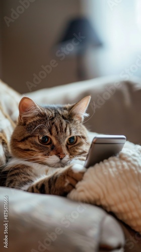 Modern Cat Playing with Smartphone on Sofa at Home, Capturing the Humor and Charm of Pets in Everyday Life, Perfect for National Love Your Pet Day Promotions photo