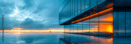 Modern cityscape with reflective glass buildings and a blue sky