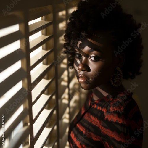 a woman with curly hair standing in front of a window