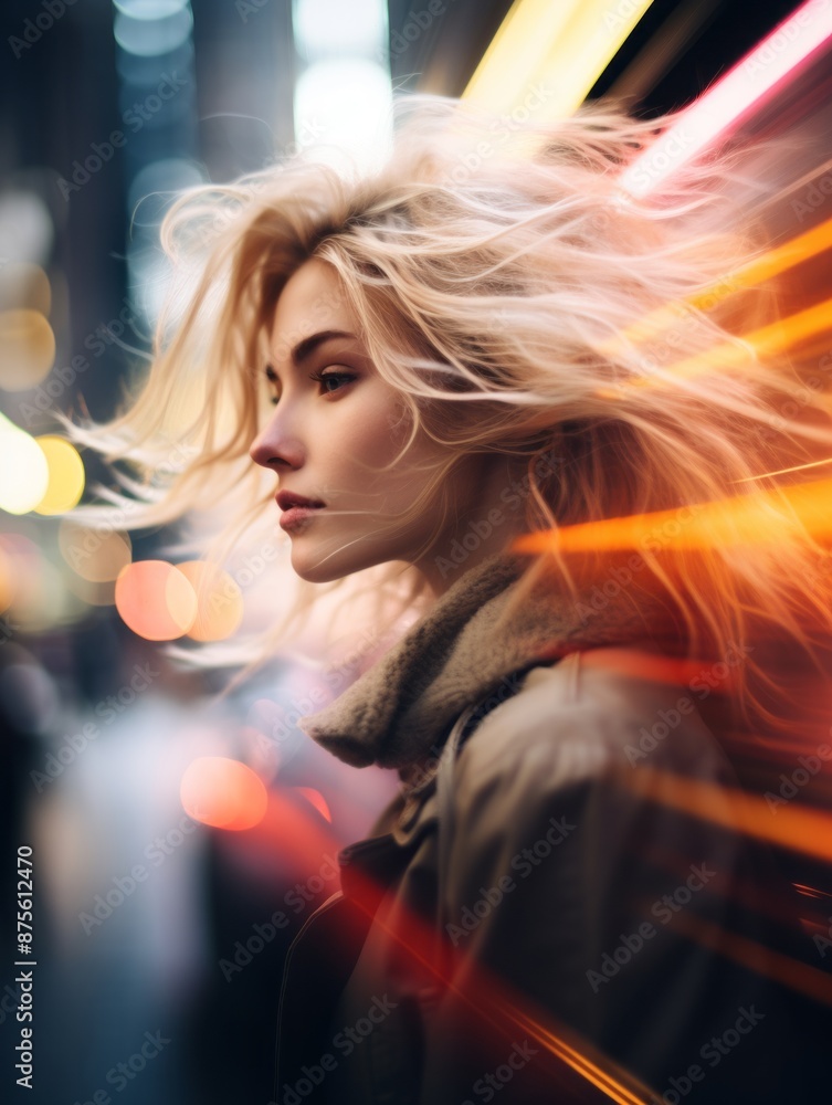 a woman with her hair blowing in the wind on a city street a woman with her hair blowing in the wind on a city street