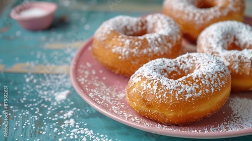Homemade heart sheped donuts with powdered sugar isolated on colorful background