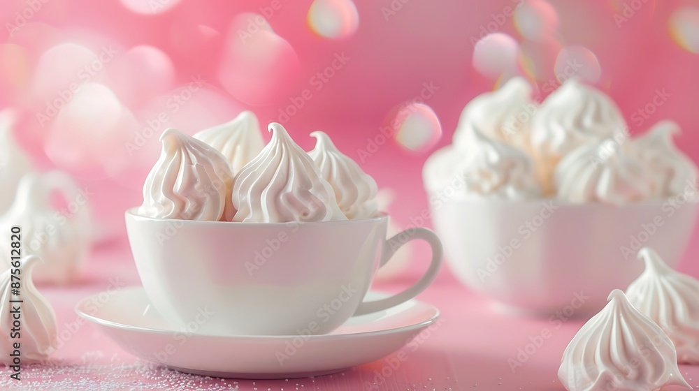 Homemade sweet meringue kisses light and delicious with teacup isolated on colorful background Homemade sweet meringue kisses light and delicious with teacup isolated on colorful background