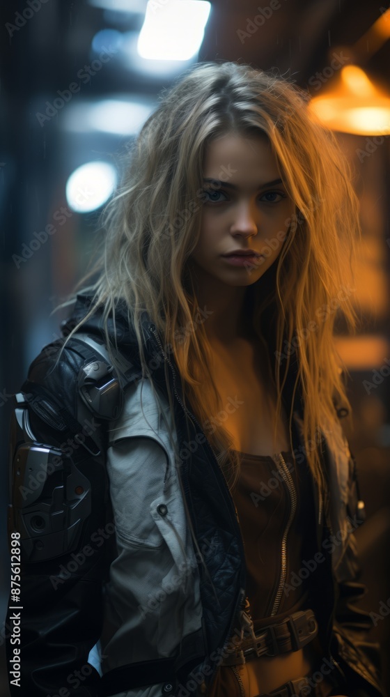 a woman with long blonde hair standing in a dark hallway a woman with long blonde hair standing in a dark hallway