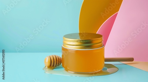 Honey in a cosmetological jar on the table isolated on colorful background photo