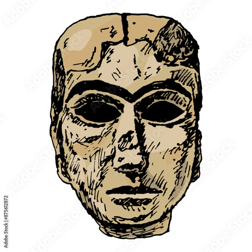 The Mask from Warka. Lady of Uruk. Female head of ancient woman or goddess Inanna from Iraq. Hand drawn colorful rough sketch. Isolated vector illustration.