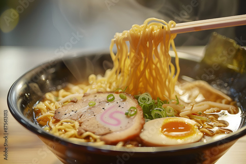 Steaming bowl of authentic ramen noodles with savory broth and fresh vegetables. Asian cuisine concept. photo