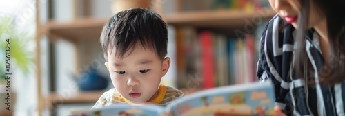 Cherished Bond: A Young Asian Boy and His Mother Share an Intimate Storytime Together, Embracing the Joy of Learning and Family Togetherness photo