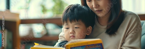 Cherished Bond: A Young Asian Boy and His Mother Share an Intimate Storytime Together, Embracing the Joy of Learning and Family Togetherness photo