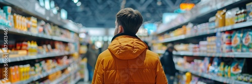 Young Man Shopping in Supermarket, Captured in Rearview Mirror, Highlighting the Everyday Experience of Grocery Shopping, Perfect for Retail and Consumer-Themed Promotions photo
