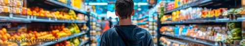 Young Man Shopping in Supermarket, Captured in Rearview Mirror, Highlighting the Everyday Experience of Grocery Shopping, Perfect for Retail and Consumer-Themed Promotions photo