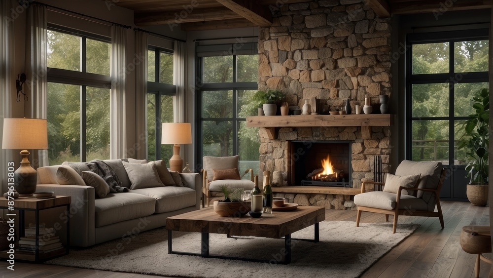 Fototapeta premium Living room in beautiful raw, wooden style