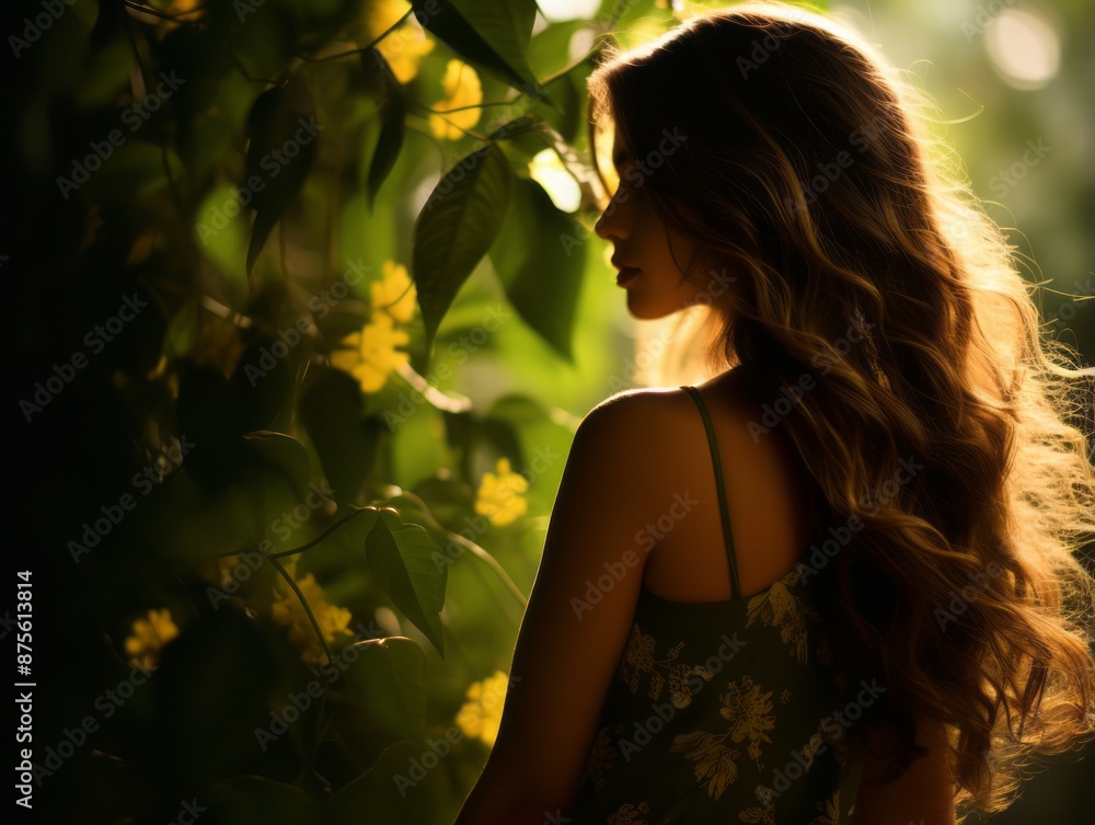 a woman with long hair standing in front of green plants a woman with long hair standing in front of green plants