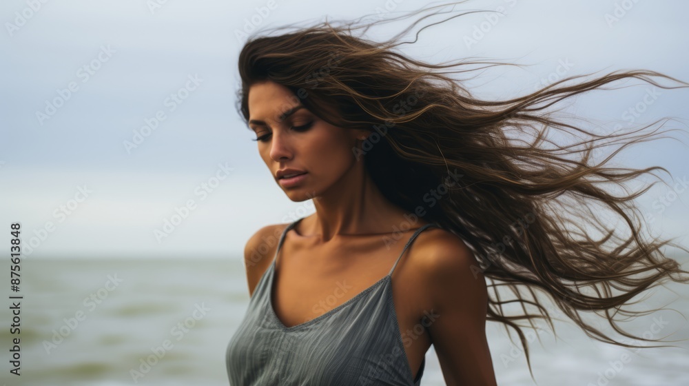 a woman with long hair standing on the beach