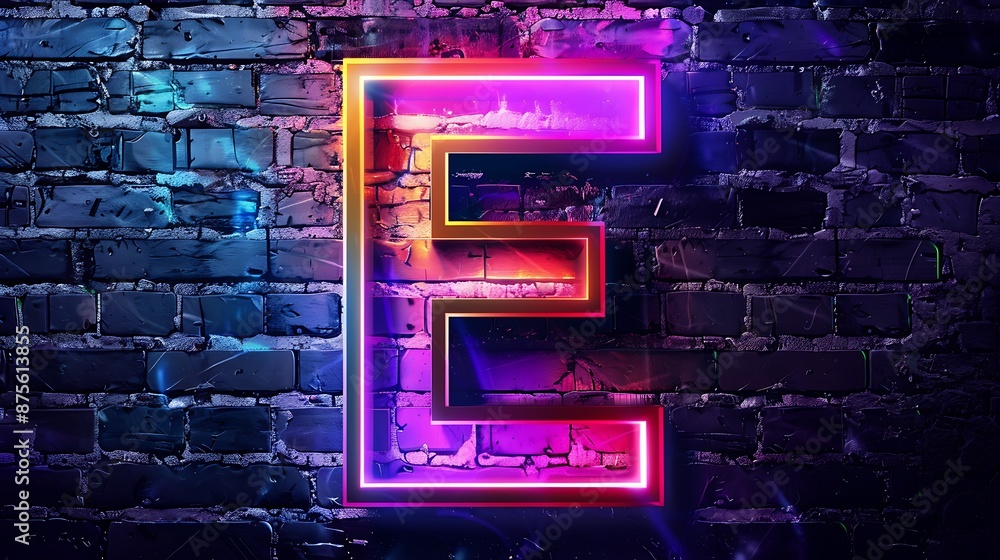 Icon of Letter E with glowing neon colorful lighting on black brick wall