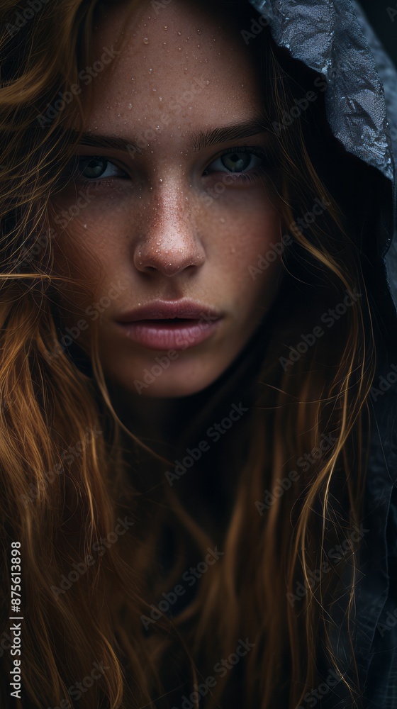 a woman with long red hair and a black hood a woman with long red hair and a black hood