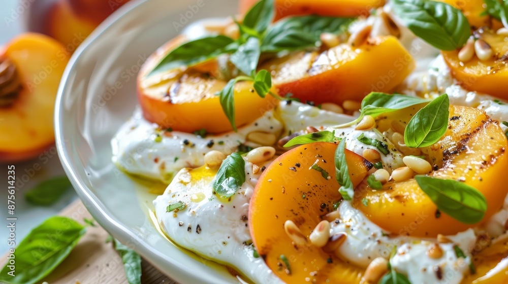 Burrata cheese and grilled peaches make a delicious antipasto. Top with basil and pine nuts. Serve with rose wine and enjoy! Burrata cheese and grilled peaches make a delicious antipasto. Top with basil and pine nuts. Serve with rose wine and enjoy!
