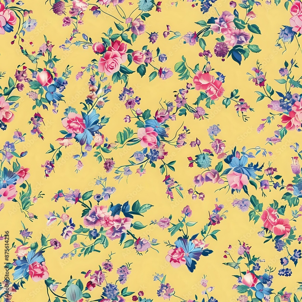 Complex Floral Grid Pattern with Detailed Blue, Green, and Pink Flowers Complex Floral Grid Pattern with Detailed Blue, Green, and Pink Flowers