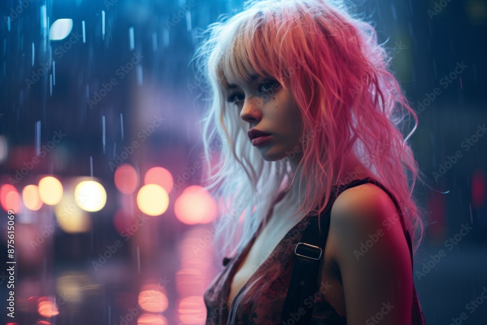 a woman with pink hair standing in the rain a woman with pink hair standing in the rain